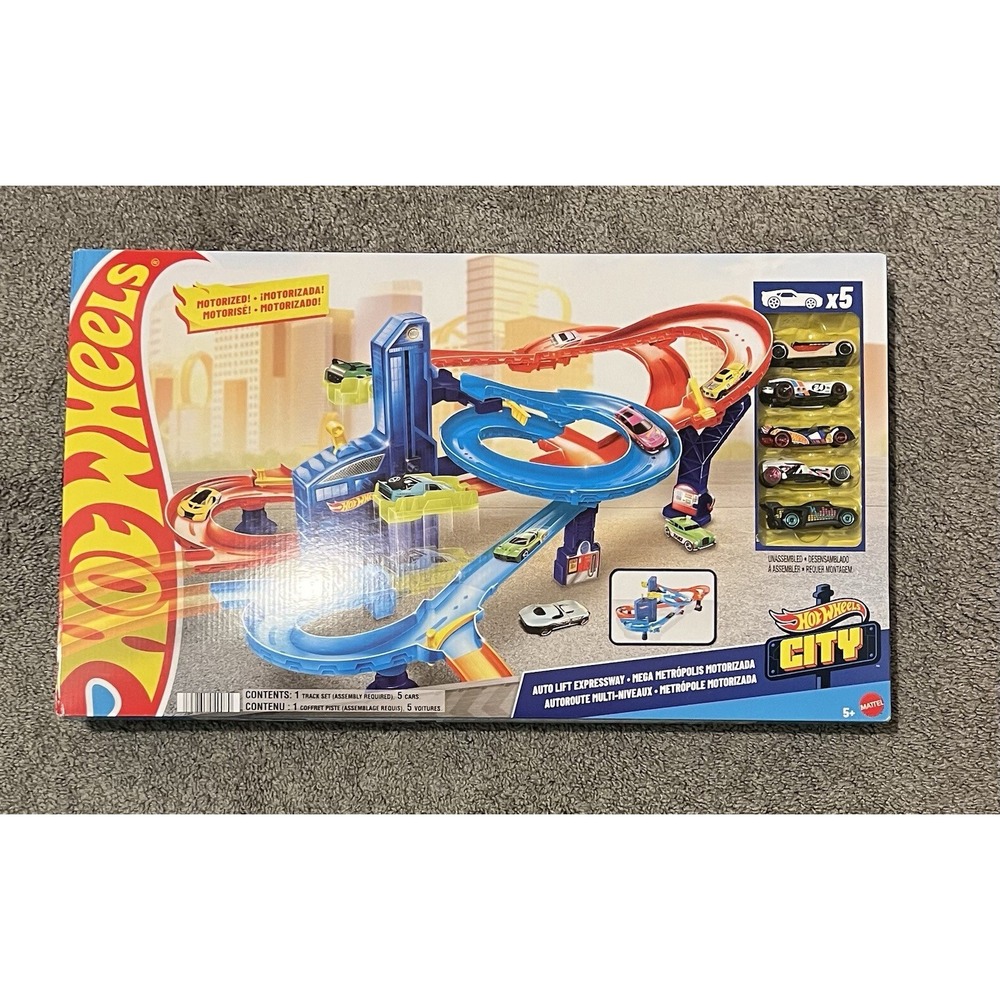 Hot Wheels Auto Lift Expressway Track Playset 5 Cars
